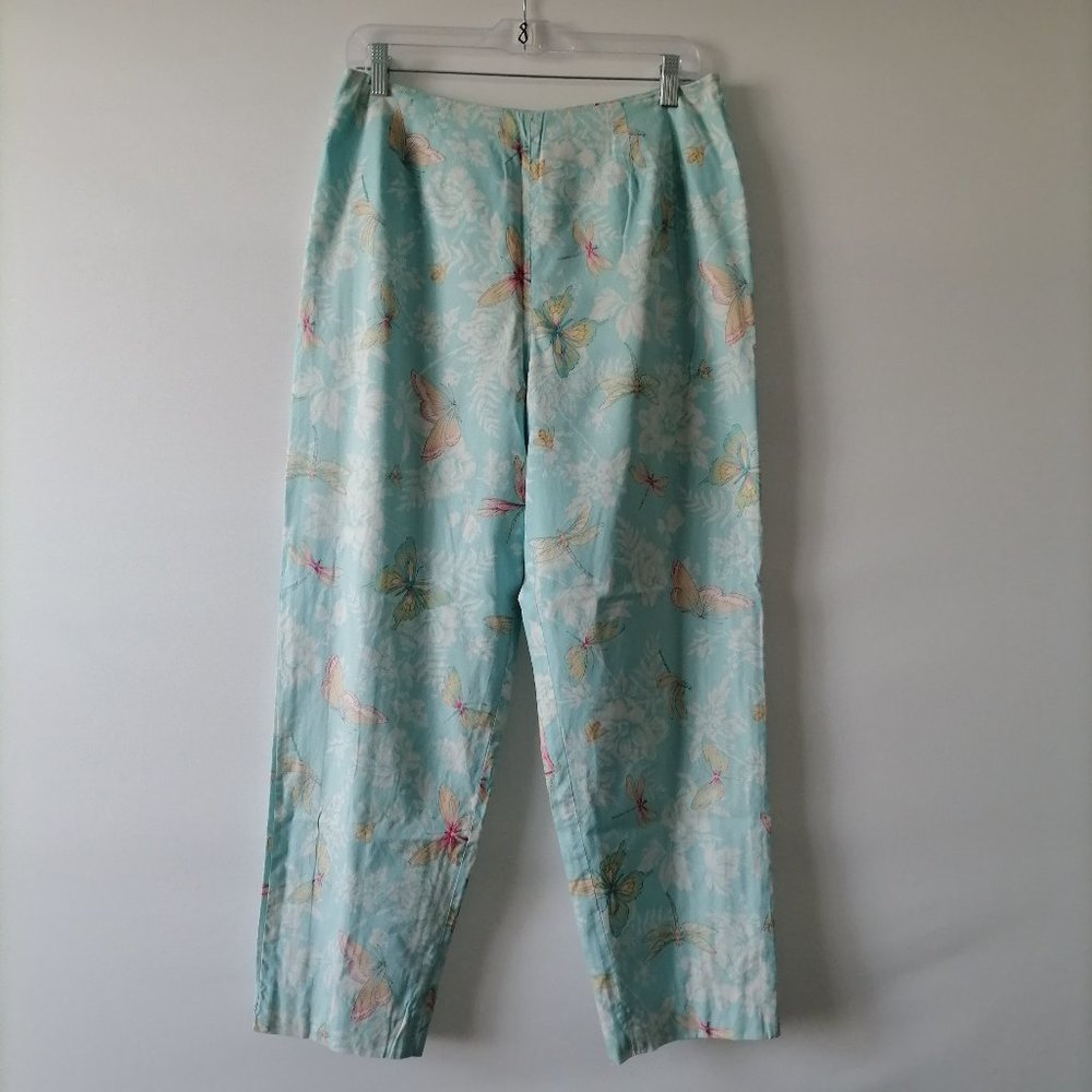 Talbots Y2K Women's Mint Blue Floral Butterfly Dragonfly Side Zip Pants Size 12